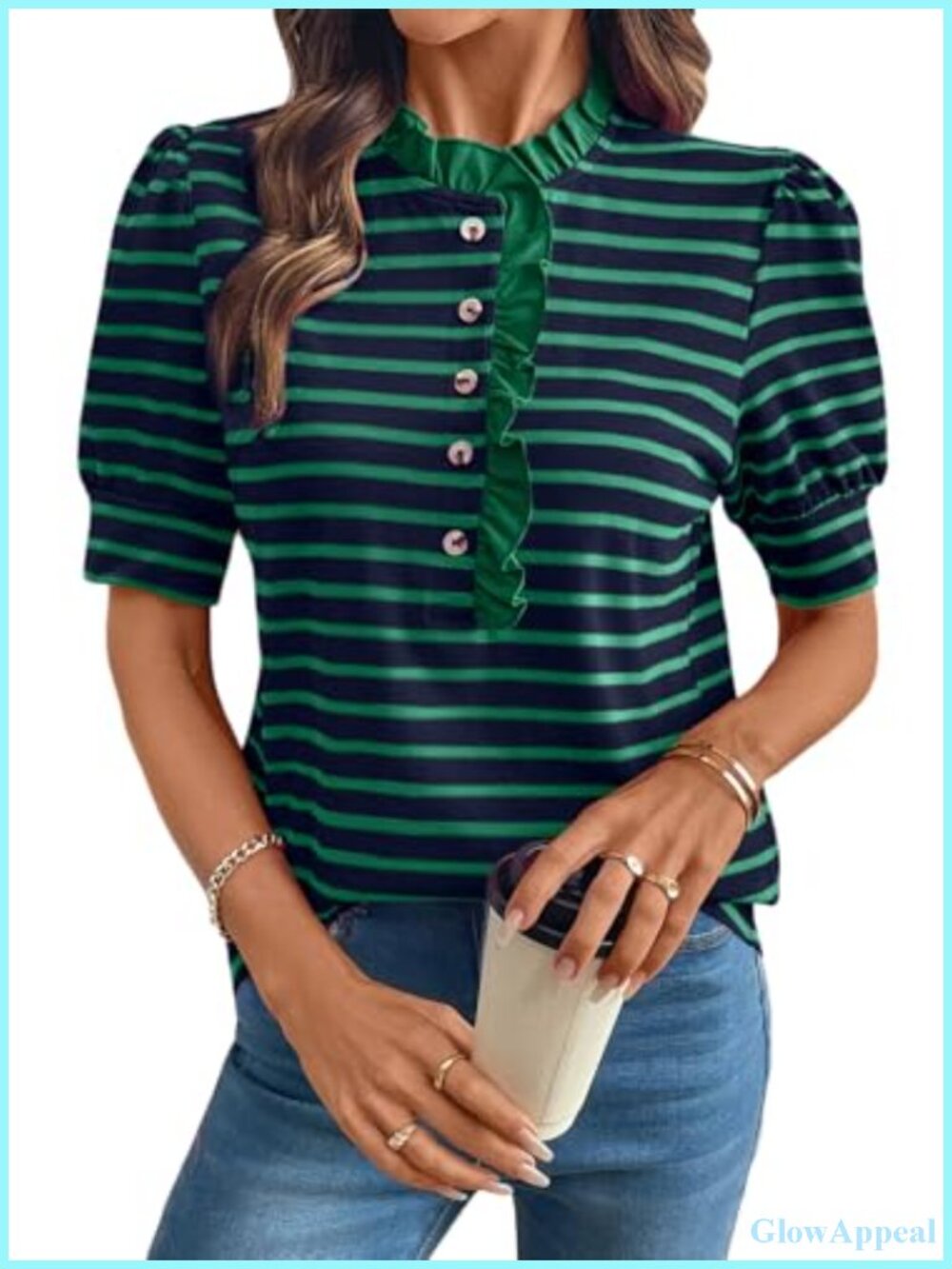 Women's Puff Sleeve Button Down Cotton Blouse, Striped Casual Top